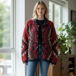 Sigrid Olsen Red and Navy Patterned Button-Up Cardigan